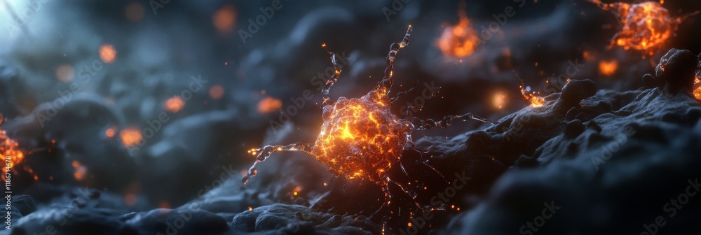 Poster glowing edges of cancer cells illuminate their aggressive nature in cellular environment. generative