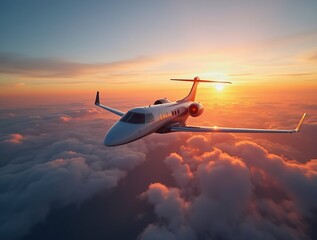 private luxury jet soared gracefully through vibrant morning sky with wide-angle view of sun-kissed clouds below, offering a panoramic view of world awakening to a new day sunrise