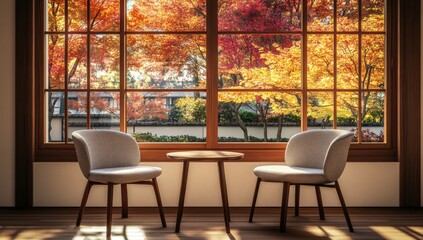 Obraz premium Japanese-style room with open wooden-framed windows, view of colorful autumn maple trees, sunlight on round wooden tables, warm atmosphere.