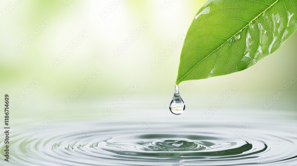 Poster water droplet falling from a vibrant green leaf creating concentric ripples in a tranquil pool of wa