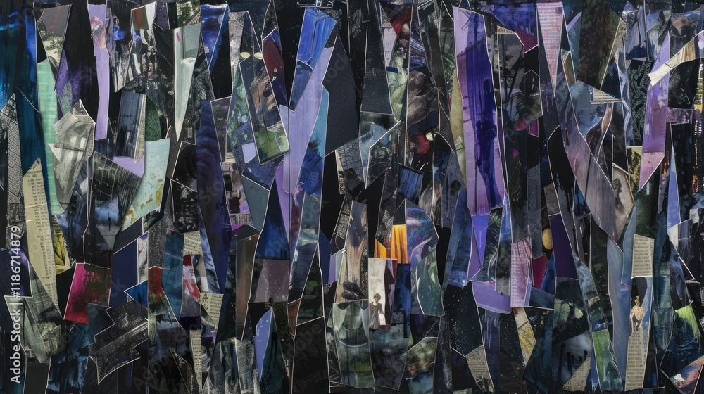 Poster abstract collage artwork with various shapes and colors, mostly dark blues and purples, creating a t
