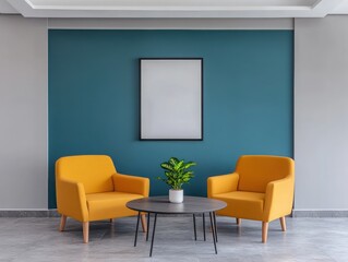 A modern living room featuring two yellow armchairs, a round table, and a potted plant against a teal wall, creating a cozy atmosphere.