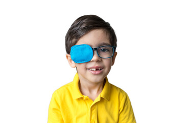Boy in glasses with eye patch. Occluder, lazyeye, amblyopia, strabismus. Vision testing concept. Reviewing eyesight