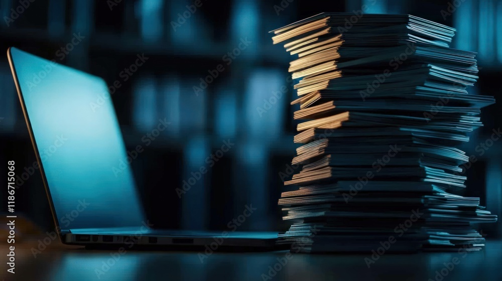 Poster a laptop sits next to a tall stack of notebooks, illuminated in a dimly lit environment, suggesting 