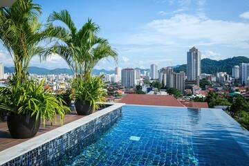 Fototapeta premium Rooftop Infinity Pool Luxury Cityscape Tropical Paradise