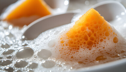 Orange sponge, dishes and foam in sink, closeup