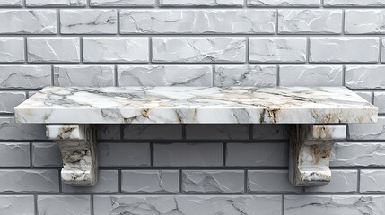 Marble shelf on a white brick wall.