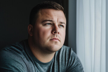 Fototapeta premium Handsome man gazes thoughtfully out the window