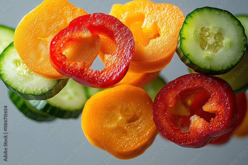 Poster vibrant slices of bell peppers and cucumbers levitate against a neutral background, creating a dynam