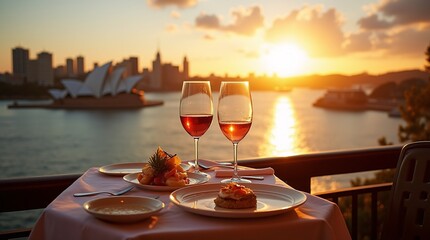 savoring exquisite food and wine while overlooking iconic Sydney Harbour, dining with a panoramic view with sun casting a golden glow over cityscape, creating a breathtaking scene that perfectly cap