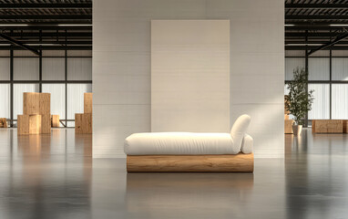 Modern minimalist lounge area with natural elements in an art space