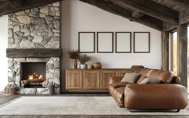 Cozy mountain cabin living room with fireplace, leather sofa, and wooden furniture. Interior design inspiration