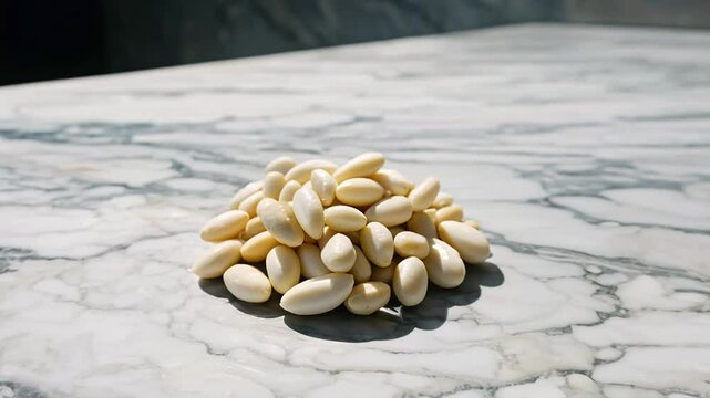 Dolly backward video of a pile of white cannellini beans, each smooth and kidney-shaped, neatly placed on a marble surface with soft natural light