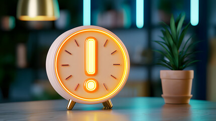modern 3D clock with exclamation mark design, featuring bright orange illumination, placed on wooden table next to potted plant. background has stylish, contemporary decor