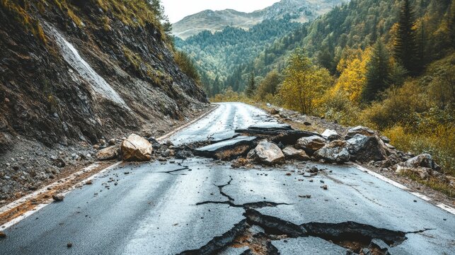 Collapsed mountain road after rockslide in scenic forested landscape.