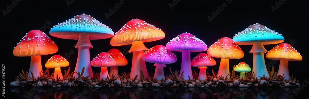 Poster Colorful Mushrooms Isolated Against A Black Background, Showcasing Their Vibrant And Unique Glowing Appearance In A Visually Appealing Way. 00003