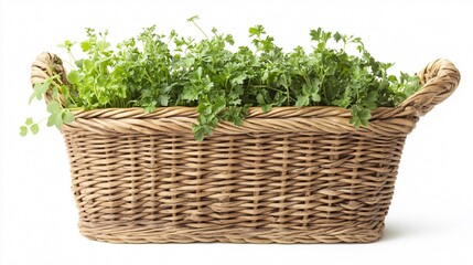 Garden cress in a woven basket, isolated with a scattering of fresh herbs nearby