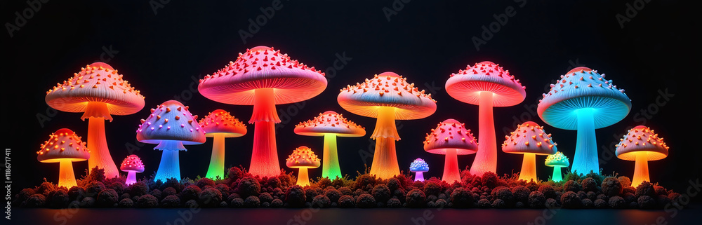 Poster Colorful Mushrooms Isolated Against A Black Background, Showcasing Their Vibrant And Unique Glowing Appearance In A Visually Appealing Way. 00001