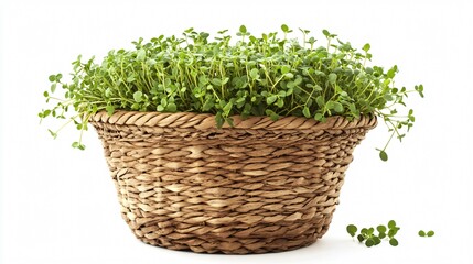 Garden cress in a woven basket, isolated with a scattering of fresh herbs nearby