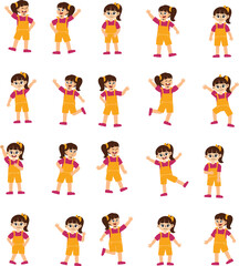 set of Children Girl Illustration Activity Poses
