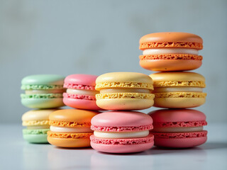 Fototapeta premium Colorful Macaroon Cookies Stacked Neatly In Rows Against A Subtle Background Showcasing Their Intricate Details And Textures. 00003