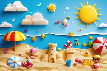 Obraz premium Sunny Beach Day Fun Kids Sandcastle Summer Toys Playtime