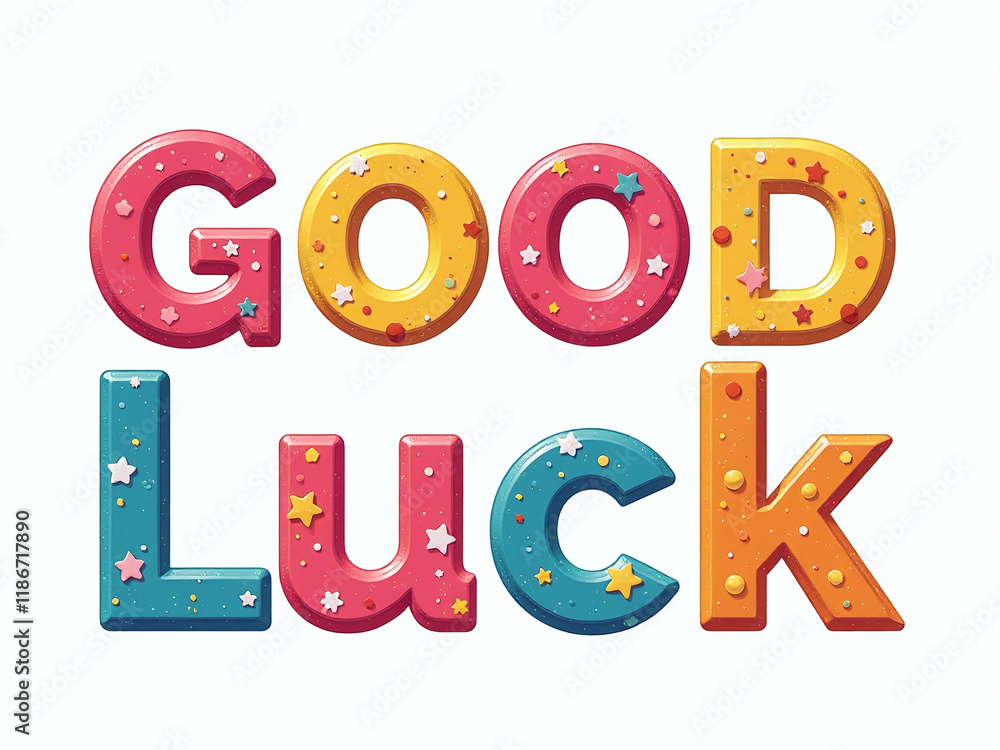 Poster colorful letters spelling good luck isolated on a white background with a transparent png image. 000