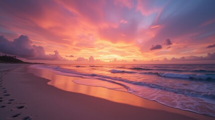Fototapeta premium With a wide-angle view of tranquil beach horizon, vibrant colors of sunset paint sky in a breathtaking display of oranges, pinks, and purples