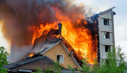 A building on the verge of collapse after a fire breaks out, with flames rising from gaps in the walls and debris falling.