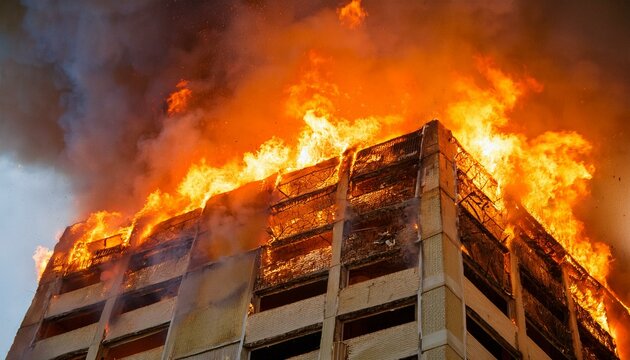 A building on the verge of collapse after a fire breaks out, with flames rising from gaps in the walls and debris falling.