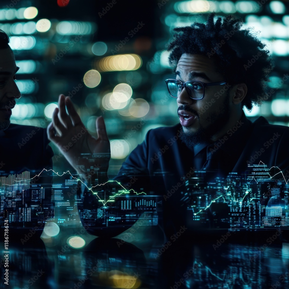 Poster two professionals engage in a dynamic discussion about data analysis, surrounded by digital graphs a