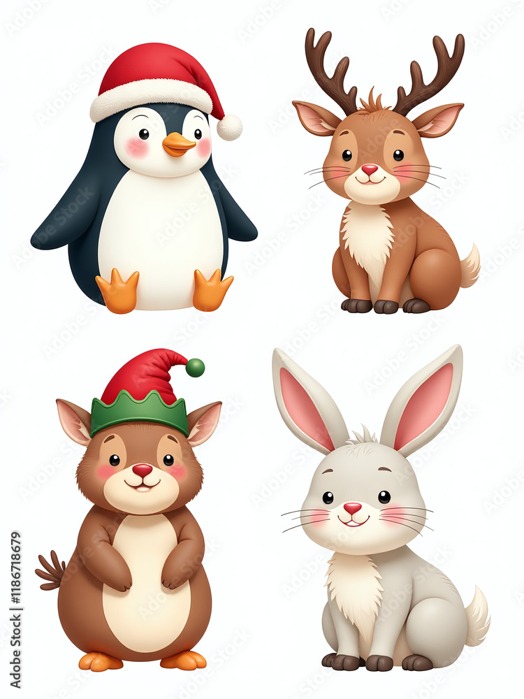 Poster colorful holiday characters including penguin deer elf rabbit are isolated and illustrated on a whit