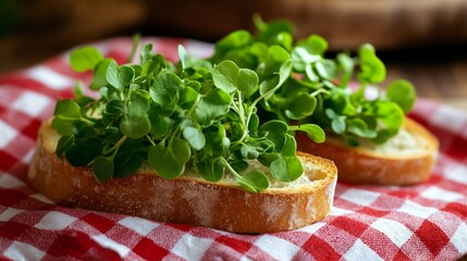Garden cress used as garnish on an Italian bruschetta, isolated on a checkered red-and-white cloth