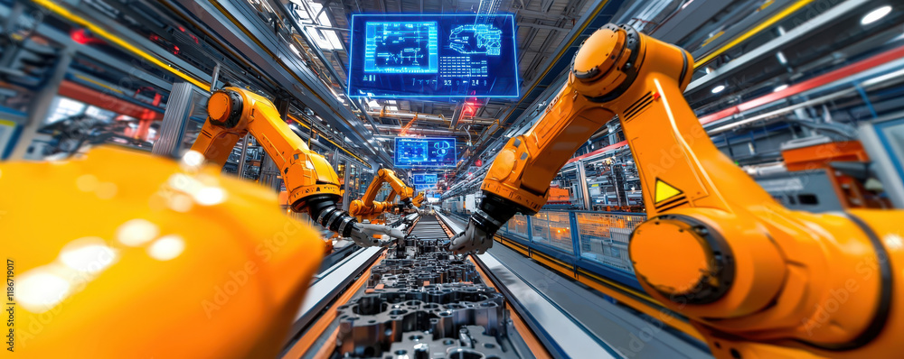 Poster a high-tech factory scene featuring robotic arms assembling components, with digital screens display