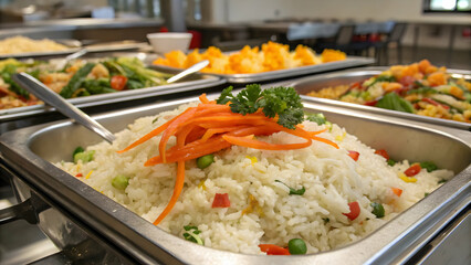 Buffet Display with Garnished Rice and Fresh Vegetables