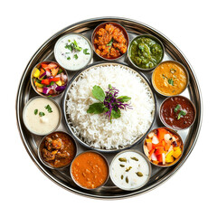 Traditional Indian thali with a variety of dishes, showcasing vibrant and flavorful cuisine.