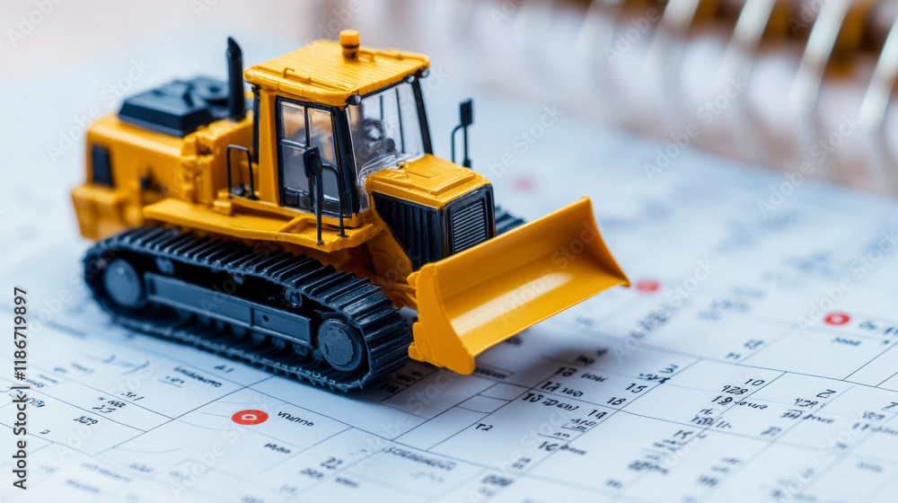Poster yellow bulldozer toy model on calendar; construction planning, project scheduling, and engineering c