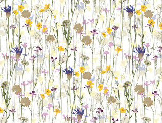 Beautiful seamless floral pattern with watercolor summer flowers. Stock illustration.
