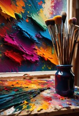 Obraz premium close view canvas texture showcasing array vibrant colors intricate artistry, acrylic, artwork, blending, brushstroke, composition, detail, finish, field