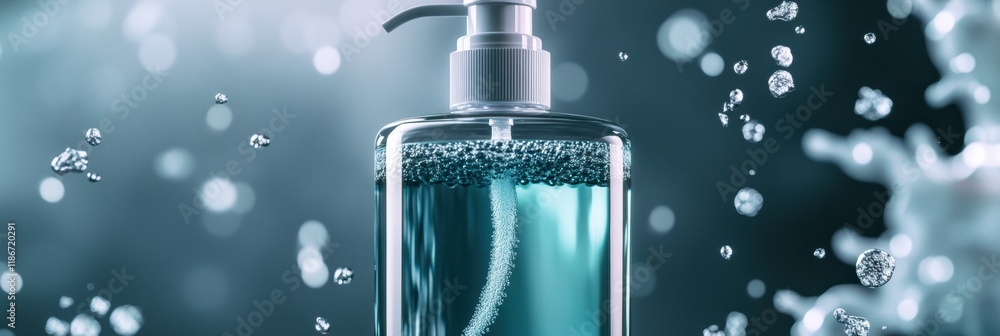 Poster droplets of sanitizer actively eliminating bacteria in a clean environment to promote health and hyg