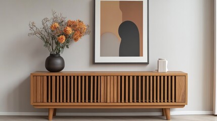 Mid-Century Modern Interior Design: Wooden Media Console with Abstract Art and Dried Flowers