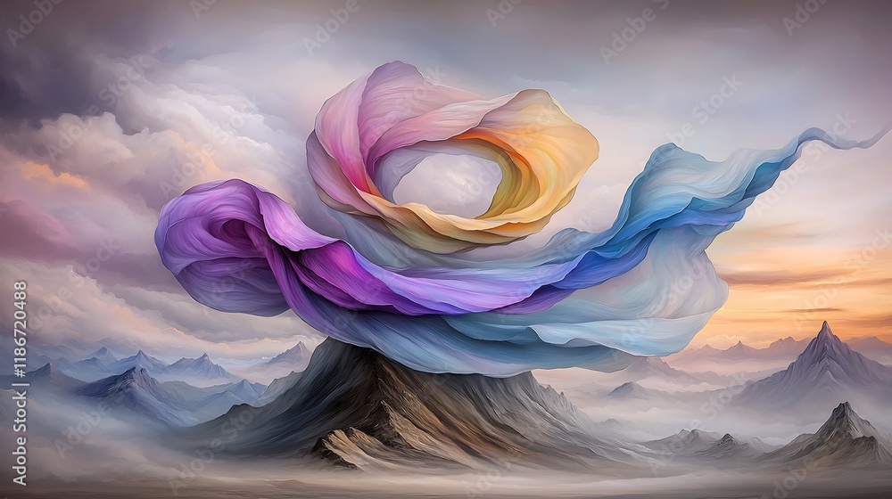 Poster captivating iridescent abstract design with fluid swirling forms and dynamic brushstrokes in a vivid