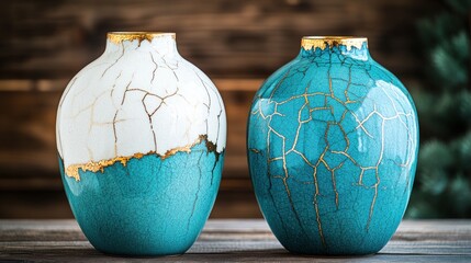 Two cracked ceramic vases with gold inlay on wooden surface.