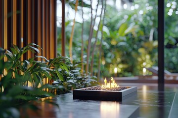 Serene Garden Oasis Modern Fire Pit Design Tranquil Atmosphere Lush Greenery Peaceful Relaxation