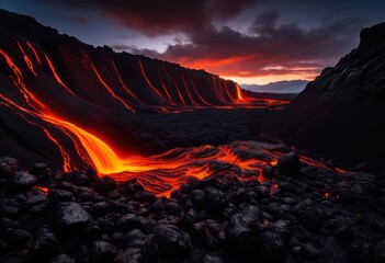 stunning volcanic landscape featuring dynamic lava flow amidst awe inspiring natural topography gripping scenery, volcano, eruption, geology, rock