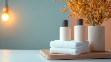 Relaxing Spa Essentials: A calming spa scene featuring two pristine white bottles with black caps, nestled alongside a stack of fresh white towels on a rustic wooden surface.
