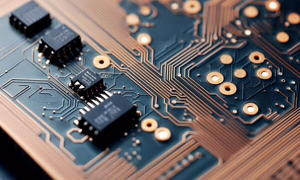 Close-up copper circuit board, intricate design, technology background, for tech articles