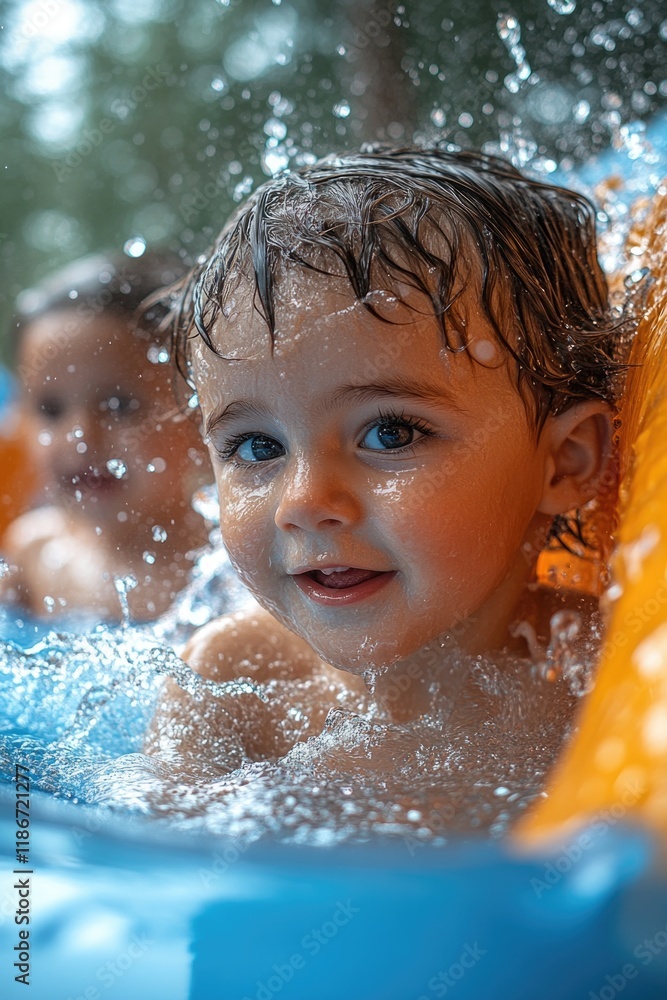 Poster a young child playing and laughing while splashing around in the shallow end of a pool or lake