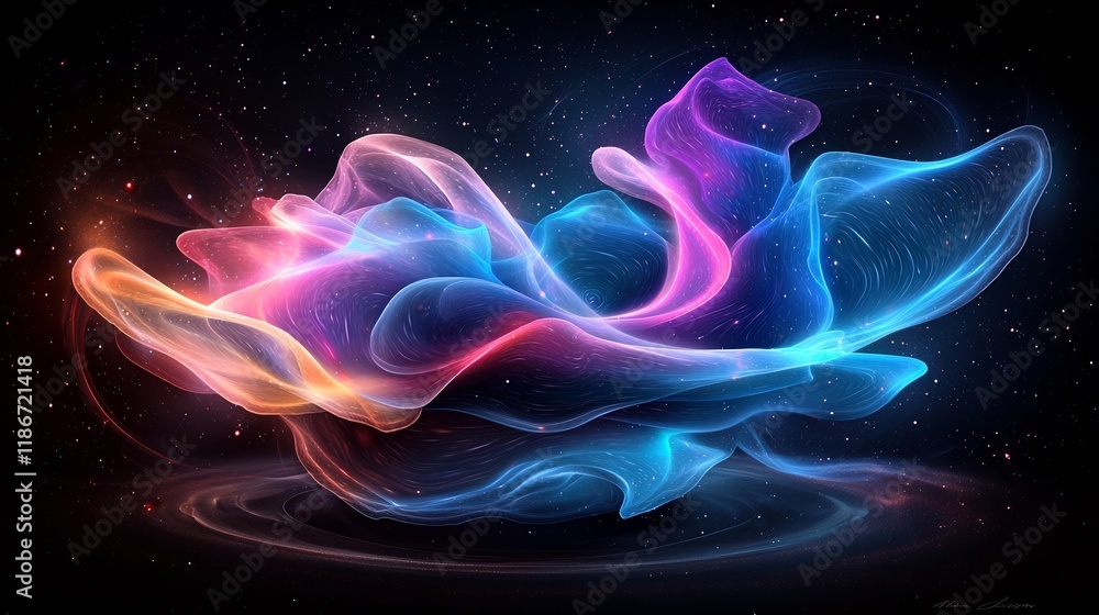 Poster shimmering iridescent cosmic nebula avant garde abstract digital art design with mesmerizing fluid m