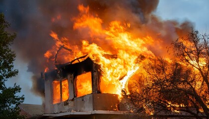 A building on the verge of collapse after a fire breaks out, with flames rising from gaps in the walls and debris falling.